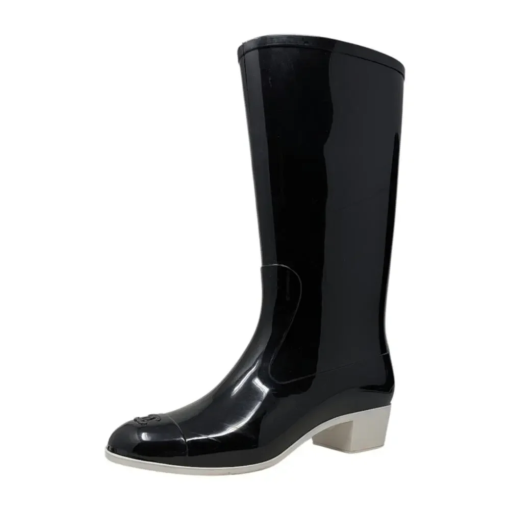 Chanel Rain Boots CC Logo Cap Toe Waterproof Knee Height Glossy Black 41 | 10.5
